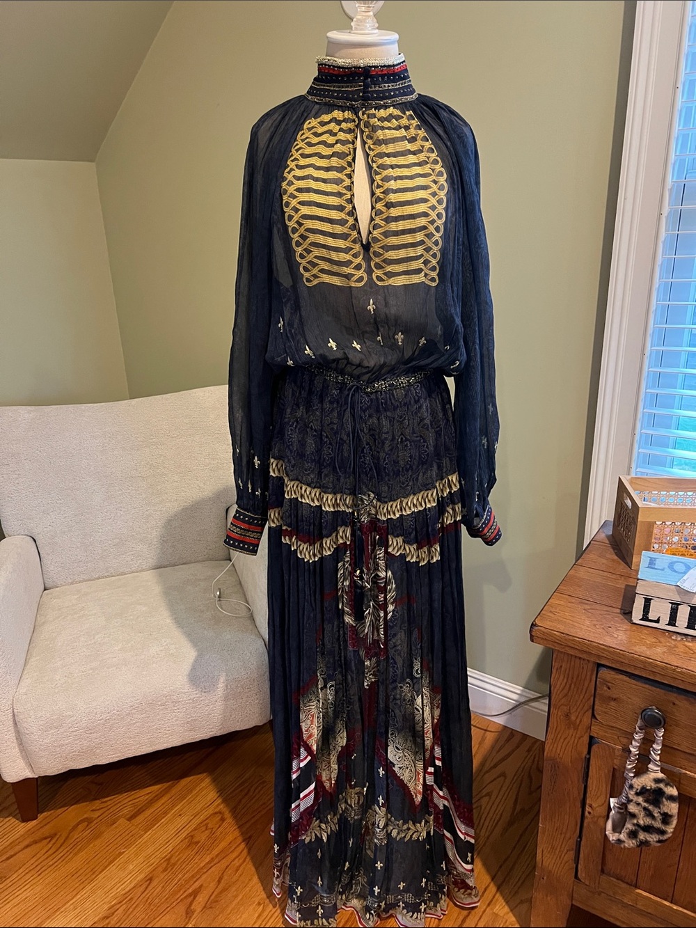 Camilla Navy and Gold Silk Long Sleeve semi sheer Maxi Dress golf stars medium